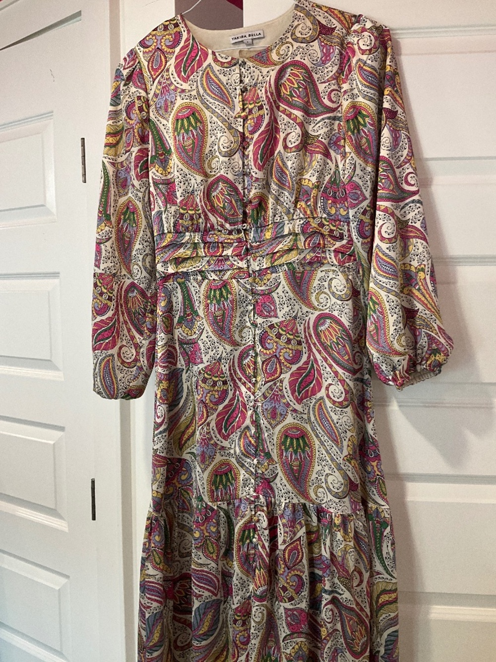 Yakira Bella modest Vibrant Multi-Color Paisley Long Sleeve Tiered Maxi Dress